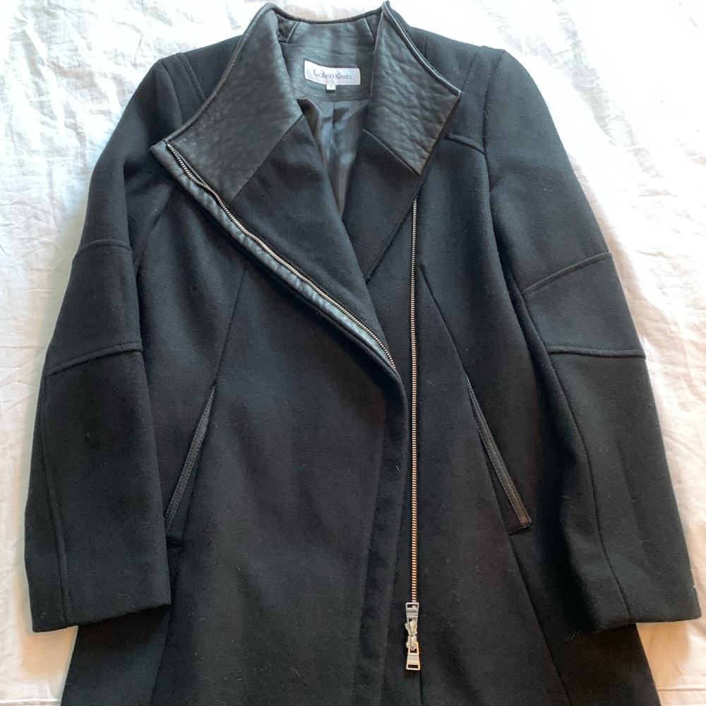 Calvin Klein Wool Blend Coat w/Leather Trimmings-S